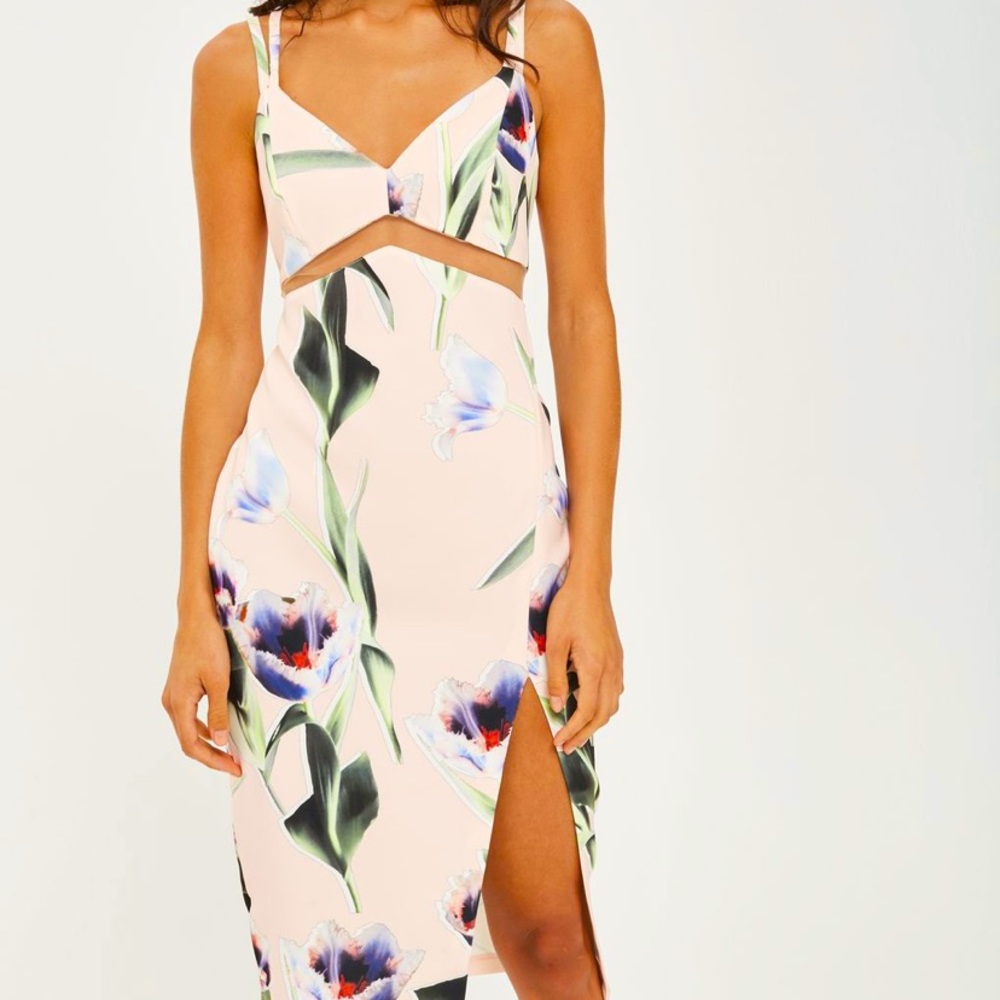 NWOT- Topshop Tulip-print mesh-insert midi dress